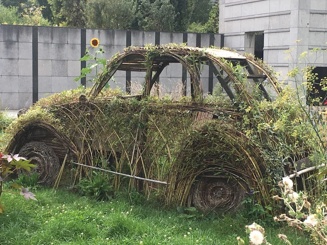 Une forme de voiture tressée de branches est recouverte de végétation.